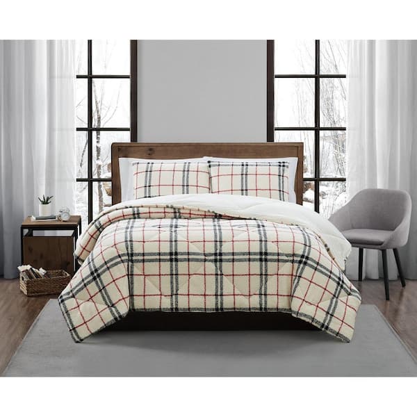 London Fog Popcorn Plaid Plush Black/Red 3-Piece King Comforter Set