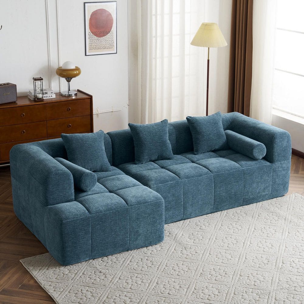 101.2 in. Chenille Fabric Sponge Sectional Sofa in. Blue with 3 Square Pillows, 2 Bolster Pillows