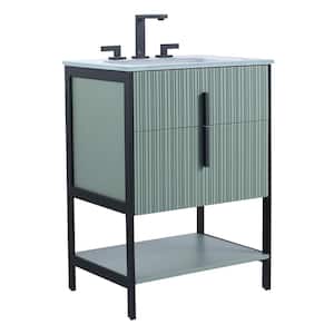 24 in. W x 18 in. D x 33.5 in. H Bath Vanity in Mint Green with Glass Vanity Top in White With Black Hardware