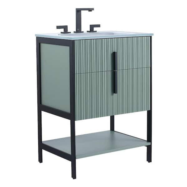 24 in. W x 18 in. D x 33.5 in. H Bath Vanity in Mint Green with Glass Vanity Top in White With Black Hardware