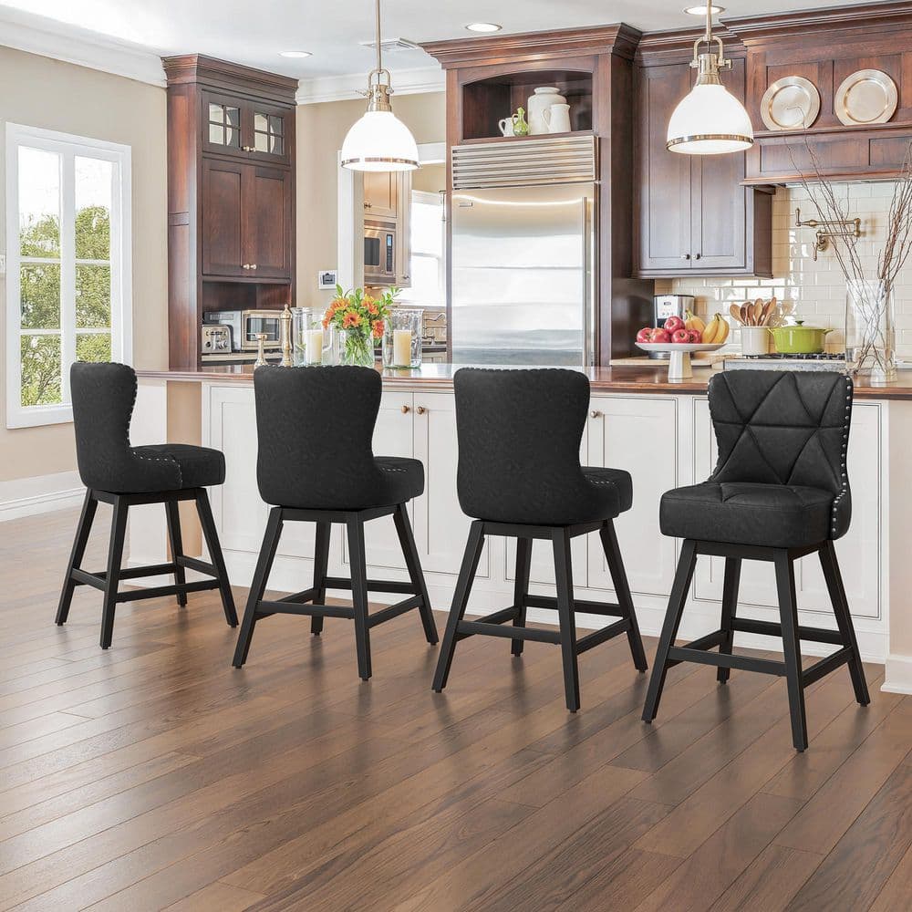 26 in. High Back Black Faux Leather Swivel Counter Stool Upholstered Bar Stool with Metal legs (set of 4) price drop on PriceWatchPro