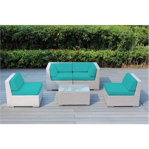 Ohana Depot Ohana Gray 5-Piece Wicker Patio Seating Set with Supercrylic Turquoise Cushions