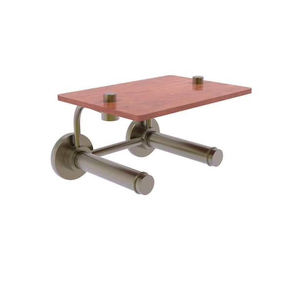 Allied Brass Prestige Skyline Collection Wall Mounted Toilet Paper Holder in Antique Brass with Wood Shelf