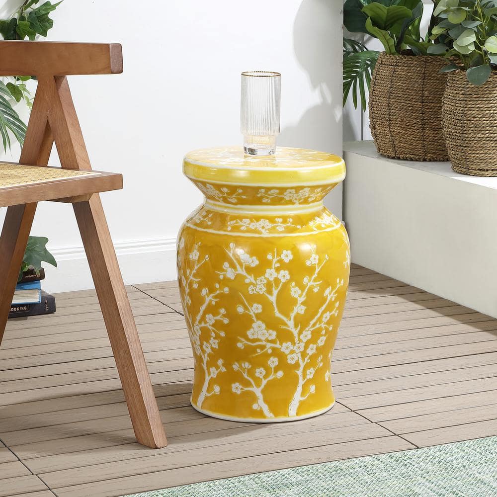 Yellow Ceramic Cherry Blossom Garden Stool 17.75"