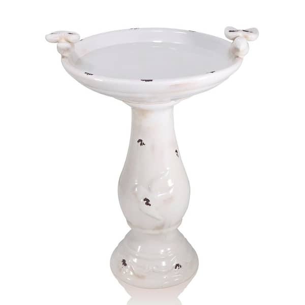 25 in. H x 19 in. Dia Light Brown Ceramic Birdbath with 2 Bird Figurines