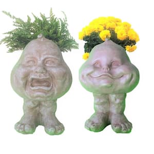 8.5 in. Stone Wash Crying Brother and Happy Baby The Muggly Face Statue Planter Holds 3 in. Pot
