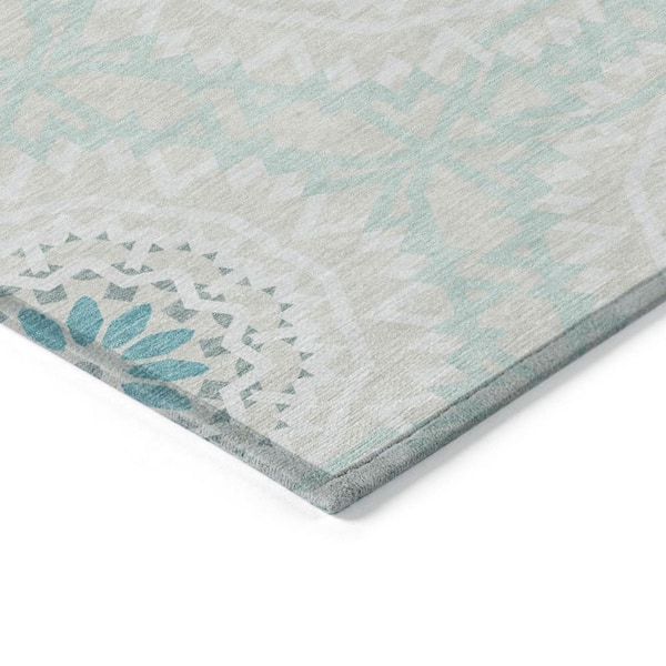 Teal Blue, Beige, Ivory 5 ft. x 8 ft. Woven Floral, Medallion Polyester Rectangle Indoor/Outdoor Area Rug