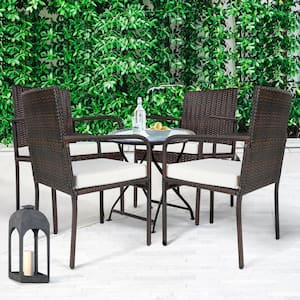 Brown Back Support Wicker Outdoor Dining Chair with Beige Cushions (4-Pack)