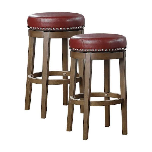 EVERGLADE HOME Paran 30.5 in. Brown Backless Wood Frame Round Swivel Bar Stool with Red Faux Leather Seat (Set of 2)