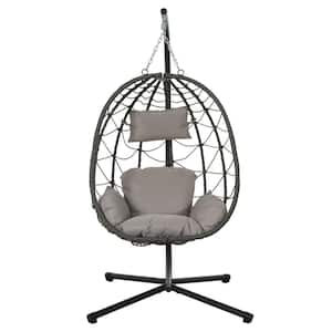 Gray Wicker Outdoor Hanging Swing Chair with Gray Cushions Patio Egg Chair Hanging Basket Chair with Stand