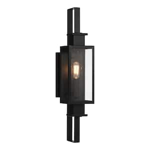 Ascott 21.5 in. Matte Black Outdoor Hardwired Wall Lantern Sconce with Clear Seeded Glass and No Bulbs Included