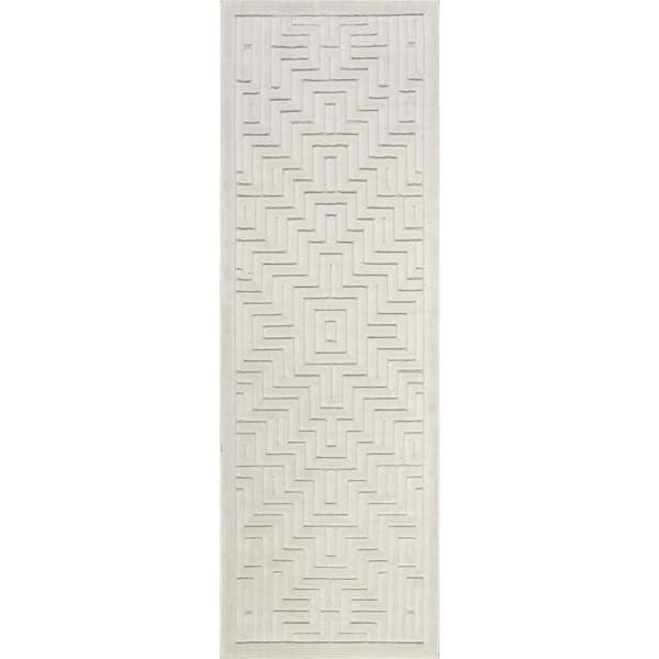 Zinnia Geometric Cream 3 ft. x 8 ft. Outdoor Runner Rug