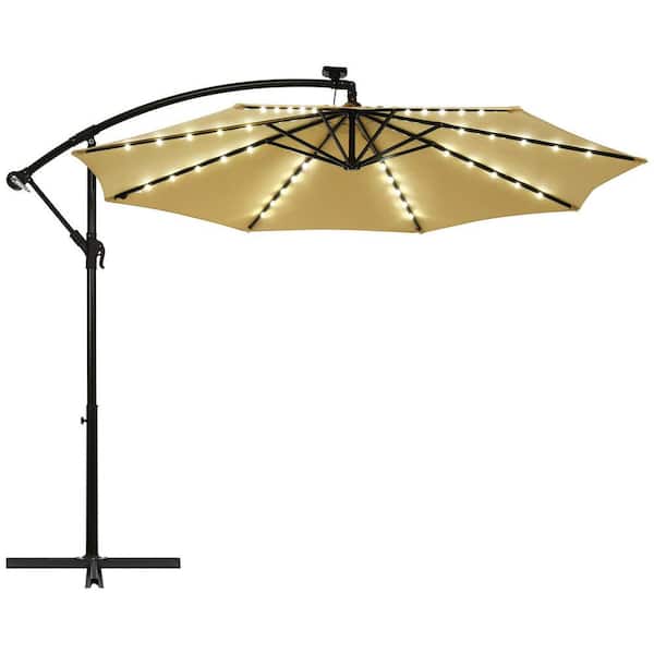 WELLFOR 10 ft. Iron Cantilever Solar Tilt Patio Umbrella in Beige with LED Lights