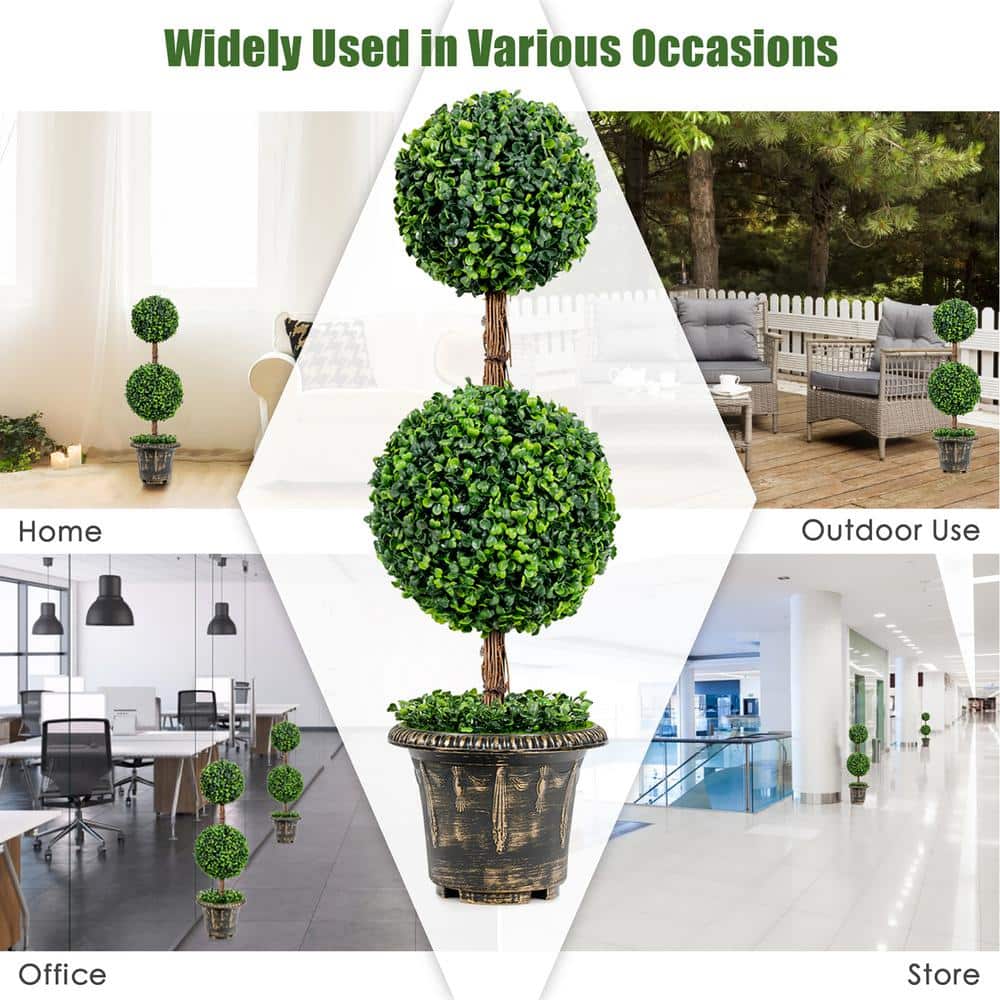 36'' Green Plastic Double Ball Topiary in Cement Pot