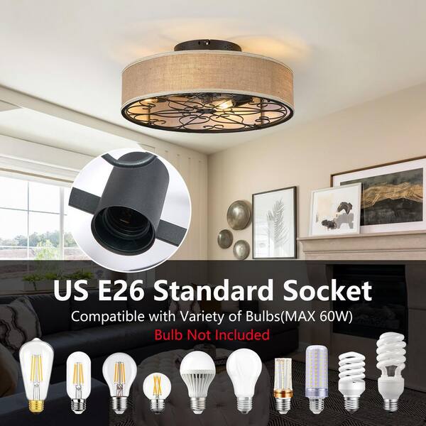 20 in. Black-A Ceiling Fan with Lights and Remote Control, Fabric Flush Mount Ceiling Fan, Timer for Living Room