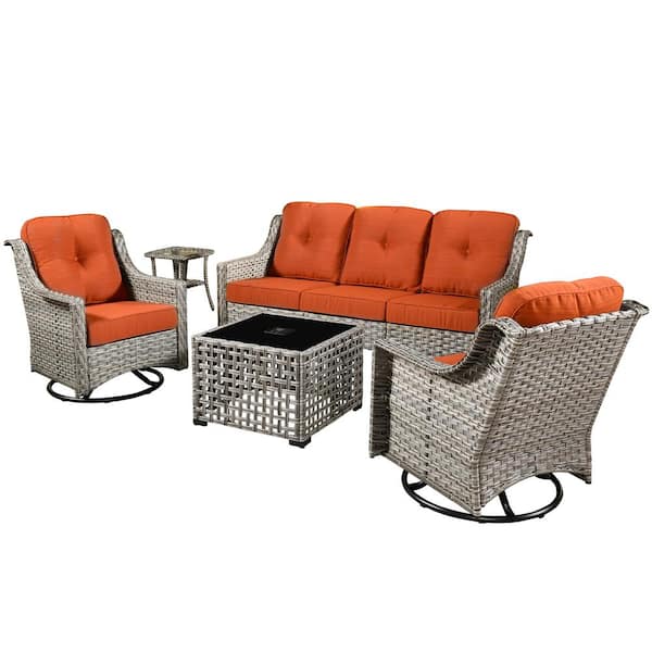 Palffy Gray 5-Piece Wicker Patio Conversation Seating Set with Orange Red Cushions and Swivel Rocking Chairs