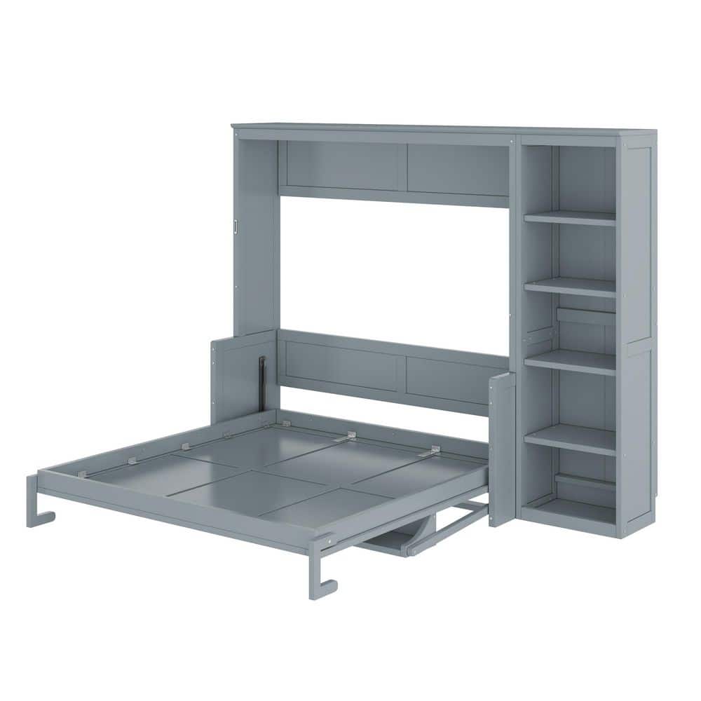 White Wood Frame Queen Size Murphy Bed Wall Bed with Integrated Desk and Storage Shelves - thumbnail 7