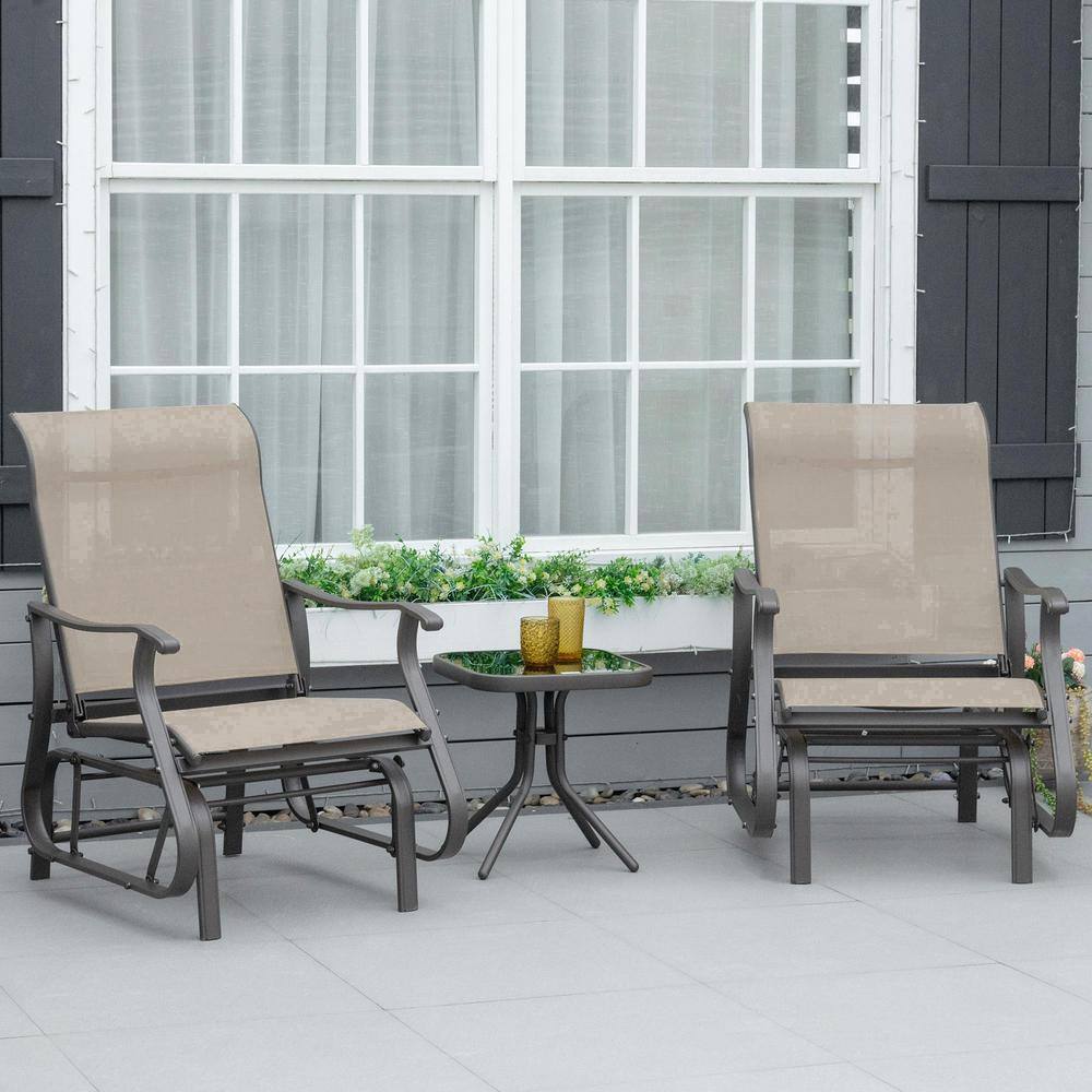 Outsunny Grey 3-Piece Metal Gliding Chair and Tea Table Set Lawn Chair with Tempered Glass - 2