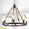 Mick Farmhouse Chandelier Dark Bronze Rustic Round Wagon Wheel 8-Light Dining Room Light Fixture with Rope Accents