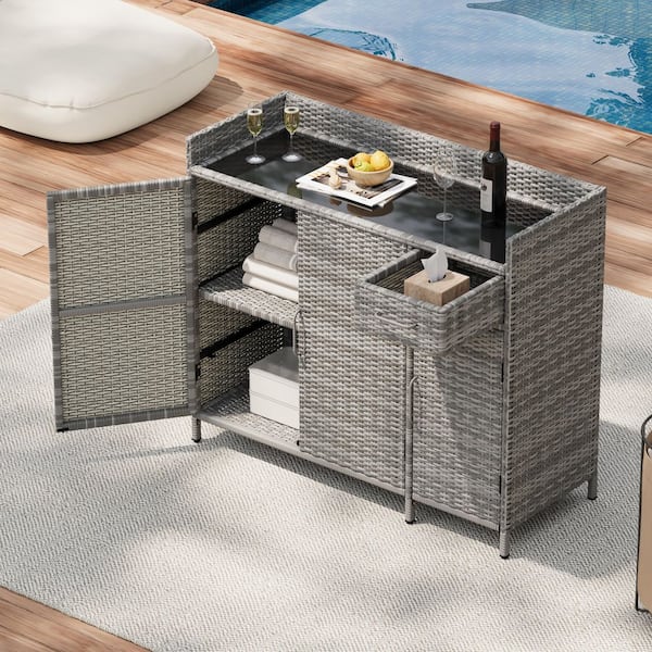 Unbranded 47.5 in. W x 15.8 in. D x 39.5 in. H Gray Wicker Outdoor Storage Cabinet with Tempered Glass Desktop