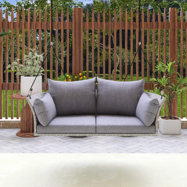 Boosicavelly 2-Person Outdoor Gray Wicker Patio Swing with Gray Cushions and Pillow