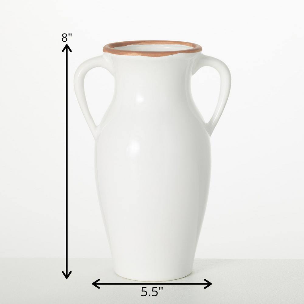 Sleek White Ceramic Vase with Natural Rim and Handles 11"x6"