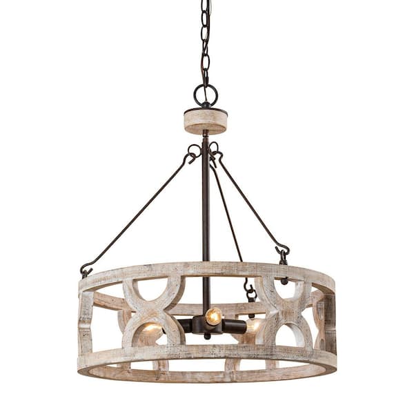 Parrot Uncle Chokio 3-Light Distressed White Farmhouse Drum Island Pendant Chandelier for Kitchen Dining Room
