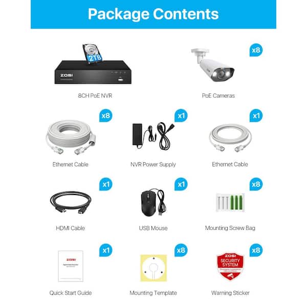 ZOSI 8-Channel 8MP PoE 2TB NVR Security Camera System with 8 Wired