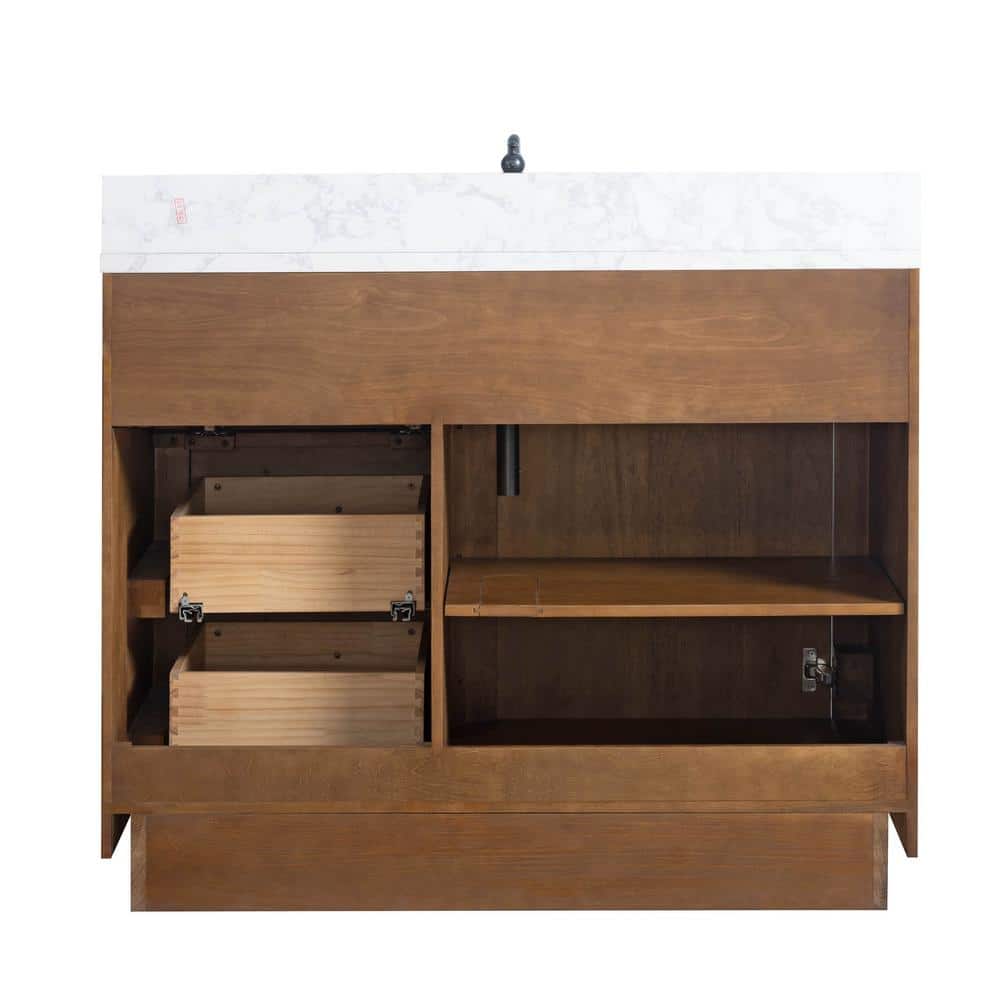 42" Tan Poplar Wood Single Bathroom Vanity with Marble Top
