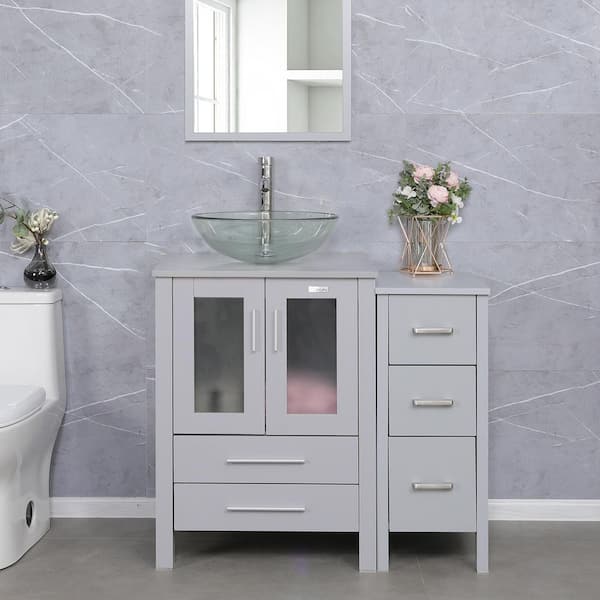 36 in. W x 20 in. D x 32 in. H Clear Single Sink Bath Vanity in Gray with Gray Top and Mirror Chrome Faucet Drain Set
