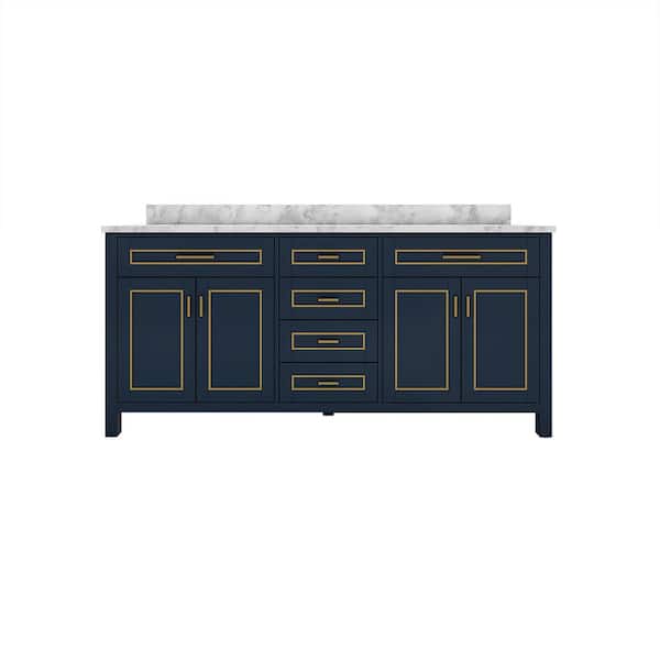 Sinber STYLE2 72 in. W x 22 in. D x 35 in. H Ceramic Sink Freestanding Bath Vanity in Navy with Carrara White Marble Top