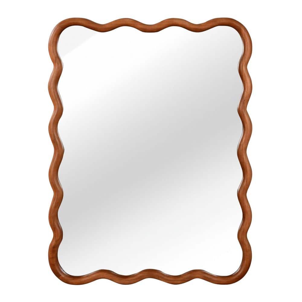 30 in.W x 40 in.H Brown Wavy-Edged Rectangle Mirror, Solid Wood Frame Wall-Mounted Decorative Mirror