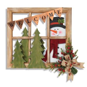 16.5 in. H Wood Window with Snowman and Floral Accent
