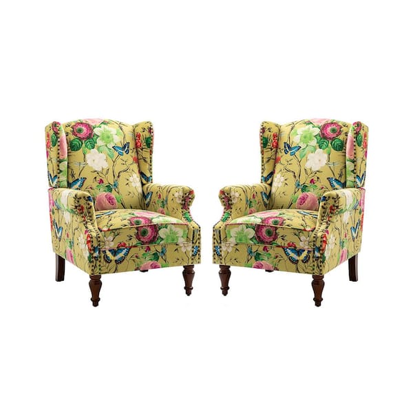 JAYDEN CREATION Gille Traditional Mustard Upholstered Wingback Accent Chair with Spindle Legs (Set of 2)