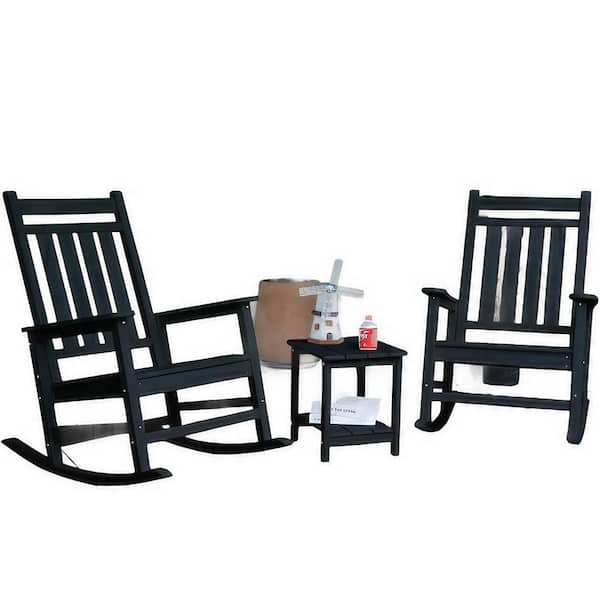 Series Frame Black Solid Wood Outdoor Rocking Chair 3-Piece Wooden Rocking Chair with Coffee Table