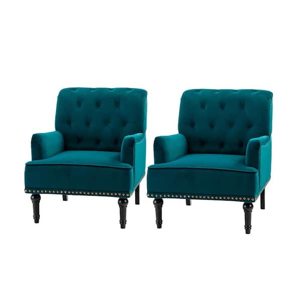 JAYDEN CREATION Enrica Teal Tufted Comfy Velvet Armchair with Nailhead Trim and Rubberwood Legs (Set of 2)