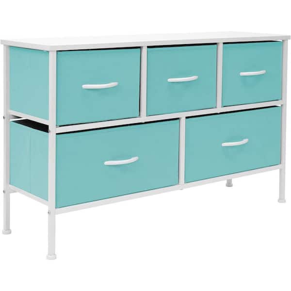 Sorbus 11.87 in. L x 39.5 in. W x 24.62 in. H 5-Drawer Aqua Dresser Steel Frame Wood Top Easy Pull Fabric Bins