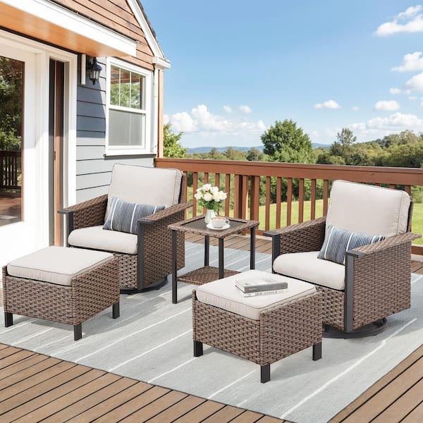 Nyajiah 5-Piece Wicker Patio Conversation Set with Beige Cushions