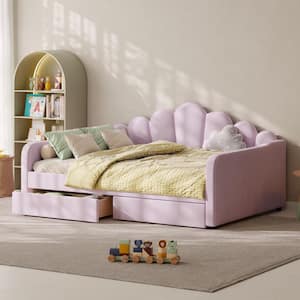 Pink Queen Size Velvet Upholstery Daybed with Shall Shaped Backrest and Drawer