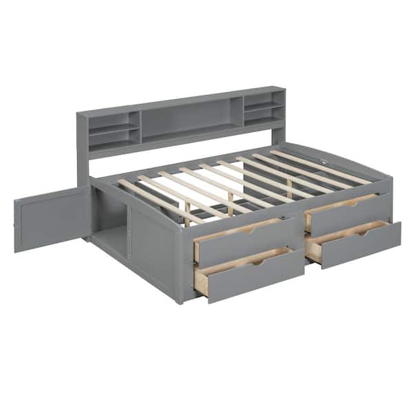 Gray Full Size Wood Daybed with 2 Bedside Cabinets, Upper Shelves and 4 Drawers