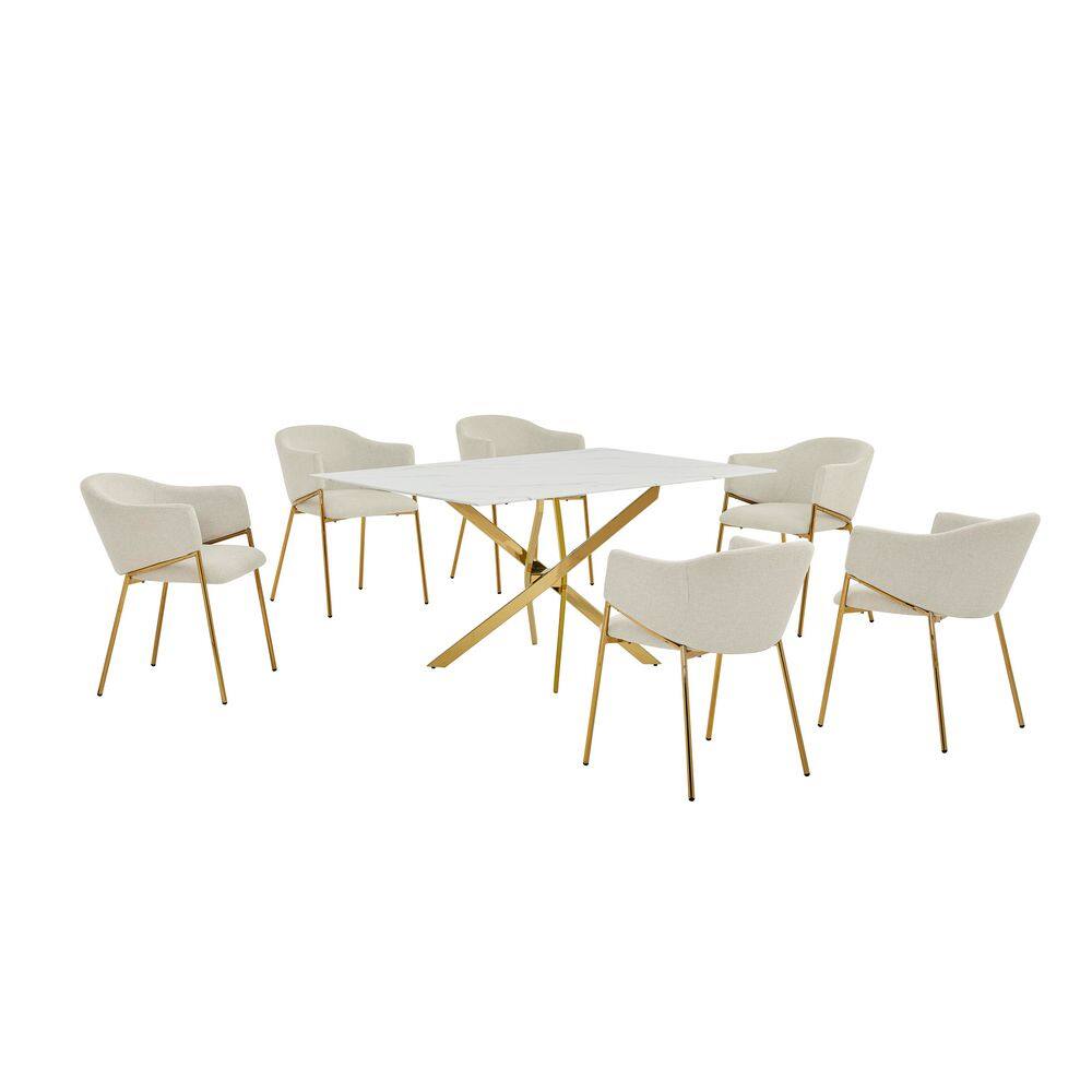 Esteban 7-Piece White Marble Wrap Glass Top Gold Stainless Steel Base Dining Set with 6 Beige Linen Fabric Chairs price history on PriceWatchPro