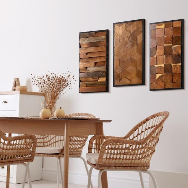 3-Piece) 14 in. x 8 in. Brown Geometric by Abstract Framed Wooden