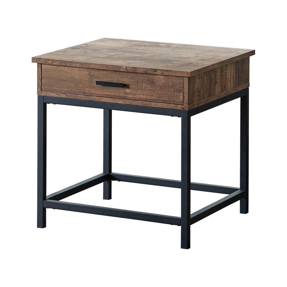 Rustic Brown and Black Wood Metal Side Table with Drawer
