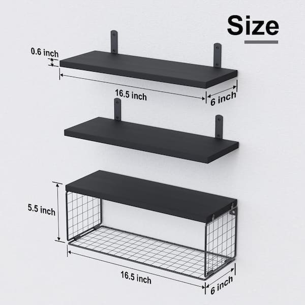 Metal Black Floating Shelves Wall Mounted with 8 Removable Hanging Hooks, authentic 15-Inc