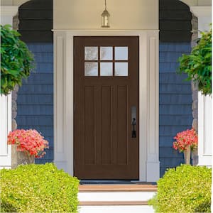 Regency 32 in. x 80 in. 6-Lite Top Lite Clear Glass RHOS Hickory Stain Mahogany Fiberglass Prehung Front Door