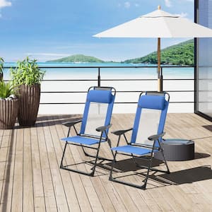 2-Piece Blue Metal Folding Beach Chairs, Outdoor Camping Chair with Adjustable Sling Back and Removable Headrest