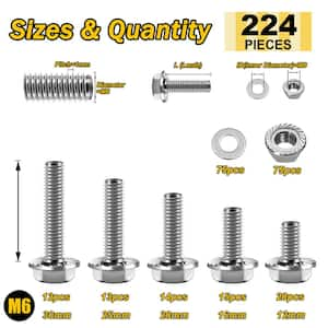 224-Pcs Assorted M6 x 12/16/20/25/30mm, M6 x 1. 0 Bolt, Flanged Hex Head Bolts w/ Washers, 304 Stainless Steel in Silver