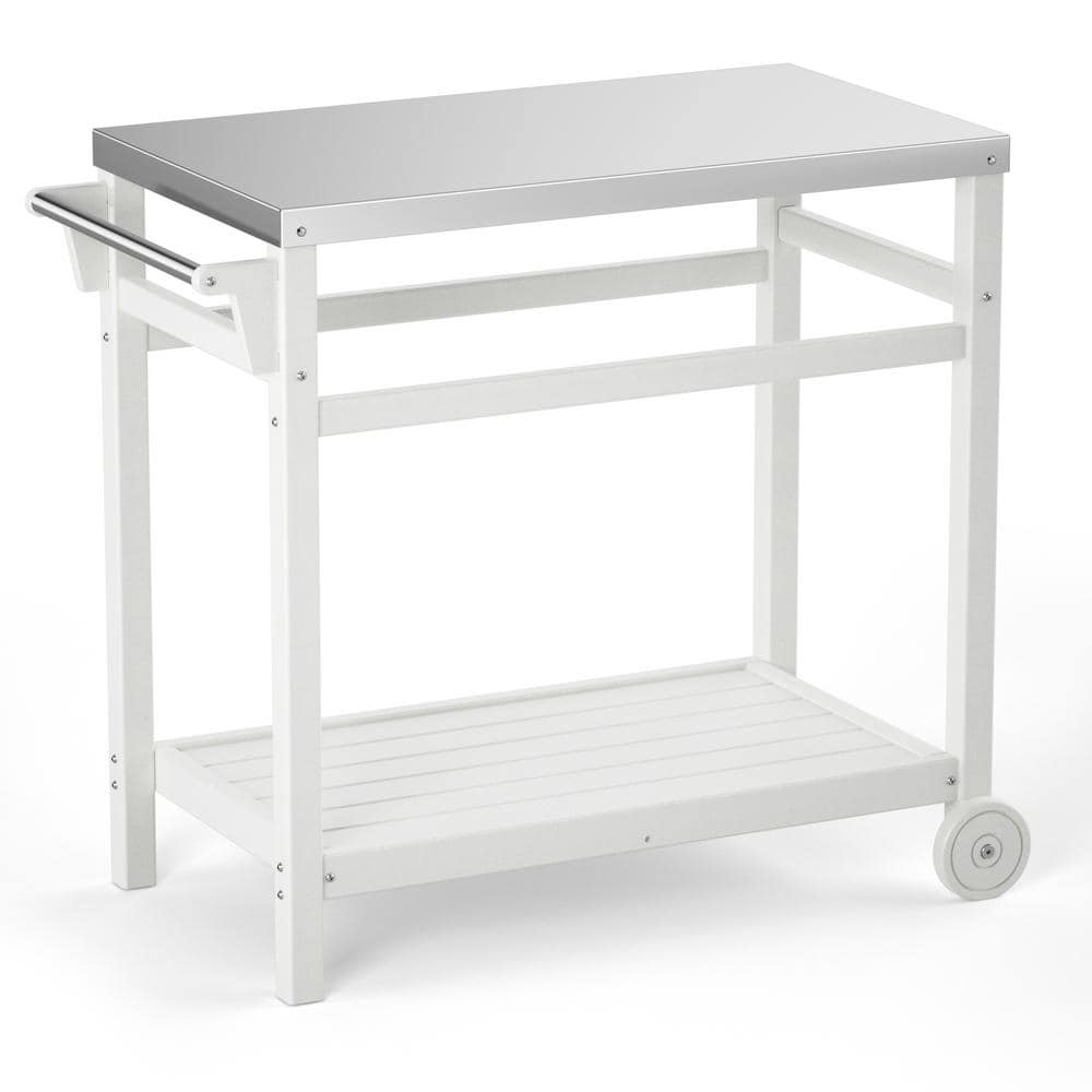 Sudzendf White Outdoor Prep Cart Movable Dining Cart Table BBQ Grill Cart