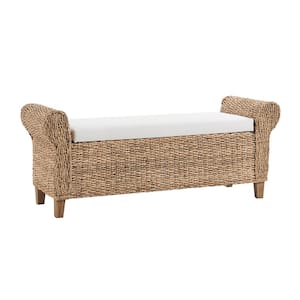 August Boho-Inspired Bedroom Bench with Roll Arms Crafted from Water Hyacinth-Natural