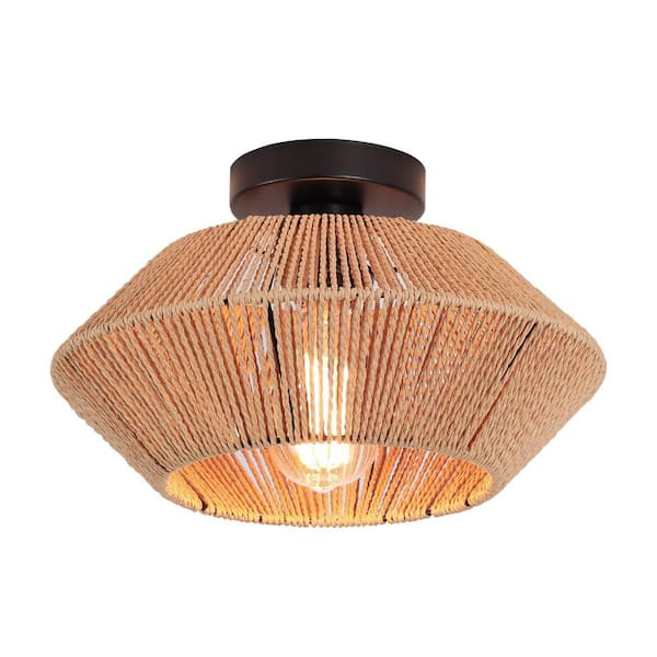 13 in. 1-Light Rustic Brown Cage Rattan Semi-Flush Mount for Bedroom Aisle Entryway